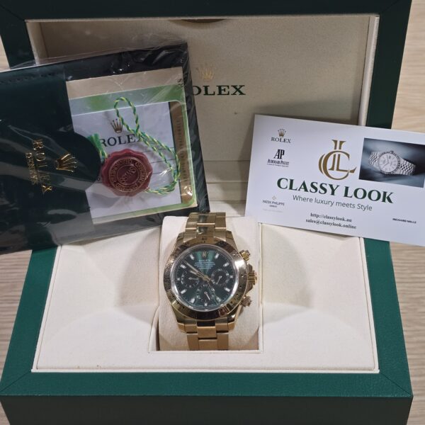 MINT ROLEX DAYTONA 116508 JOHN MAYER 40MM YELLOW GOLD 18K GREEN DIAL B&P