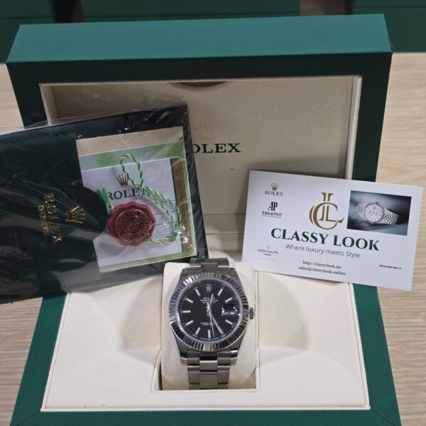 Rolex Datejust II 116334 Black Dial Oyster Bracelet White Gold Bezel Box Papers